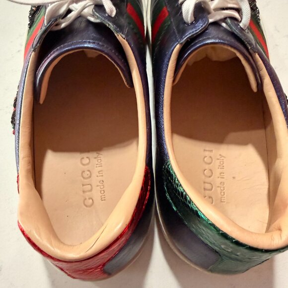 GUCCI Ace Metallic Blue Leather Crystal Arrow Men's Sneakers - Picture 6 of 9